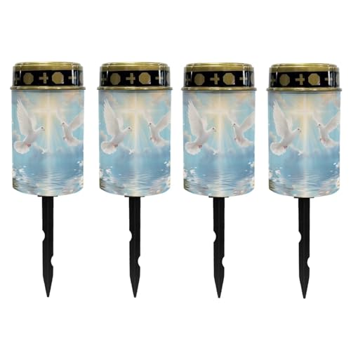 Image of Poceacles Dove of Peace Cross Daisy Print Blue Solar Lights Outdoor Waterproof Cemetery Solar Outdoor Candle Grave Decoration Votive Candles Blessed Lights for Loss of Loves One, 4 Pieces
