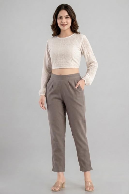 Image of Solid Cotton Woman Trousers Pants Regular Fit Kurti Pant with Drawstring Daily Office Formal Casual Use