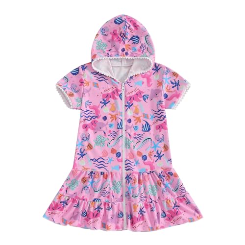 Girls Hooded Terry Coverups Zip Up One Piece Swimsuits Sea Animals Print Short Sleeve Ruffle Swim Cover Up Swimwear