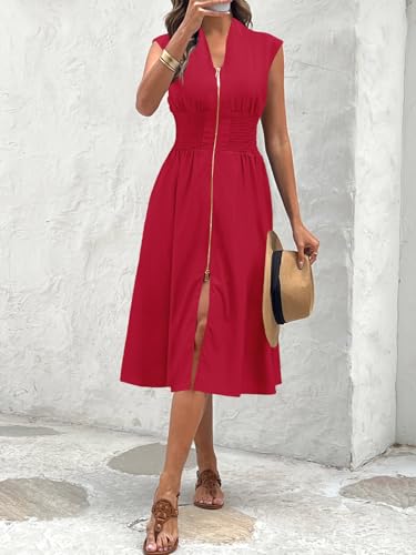Image of Wenrine Womens Smocked Midi Dress Zipper V Neck Long Summer Dresses | zip front, empire waist, cap sleeve, flowy, a line, high slit, casual midi dress