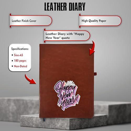 Image of SAVRI New Year Gift Hamper - Leather Diary and Black Patch Mug with Happy New Year Quote - Ideal Gifts for Employees, Corporate Use, Men, Women, Teachers, College, and School (Brown)