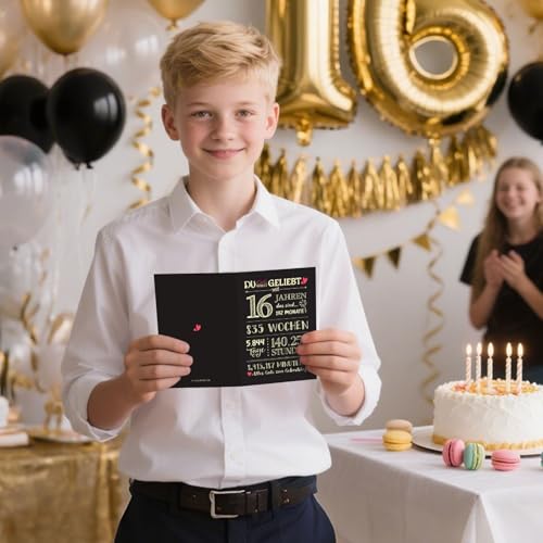 BETESSIN Geburtstagskarte 16 Jahre Junge & Mädchen - Kreative Glückwunschkarte mit Umschlag - Geburtstagskarte 16. Geburtstag - Lustige Geschenke zum 16 Geburtstag Mädchen & Jungen (Schwarz)