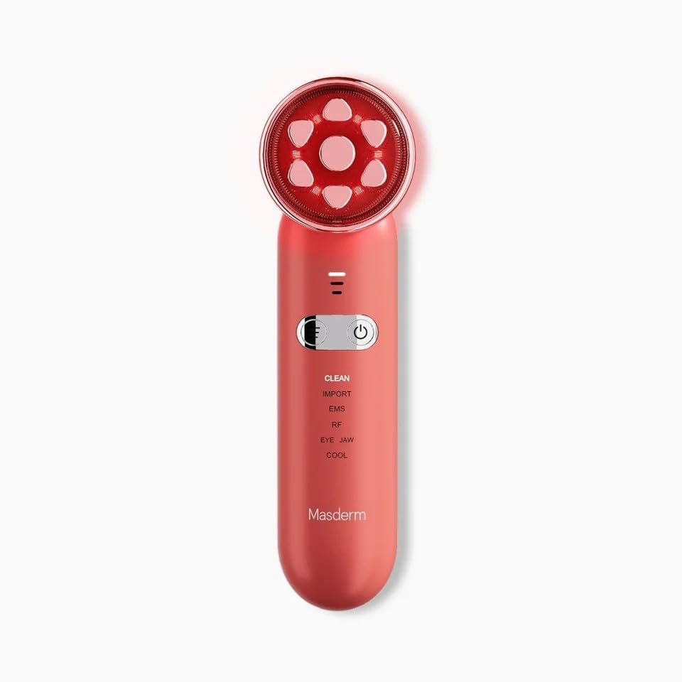 MASDERM - Masajeador Facial Eléctrico 7 en 1, Aparato de Radiofrecuencia y Luz LED, Tratamiento Facial Reafirmante y Antiedad Mujer, Efecto Lifting para Cara y Cuello, Piel Firme y Radiante