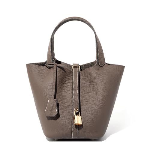 Leather Bucket Bag, Vegetable Tanned Shoulder Handbag with Lock Design