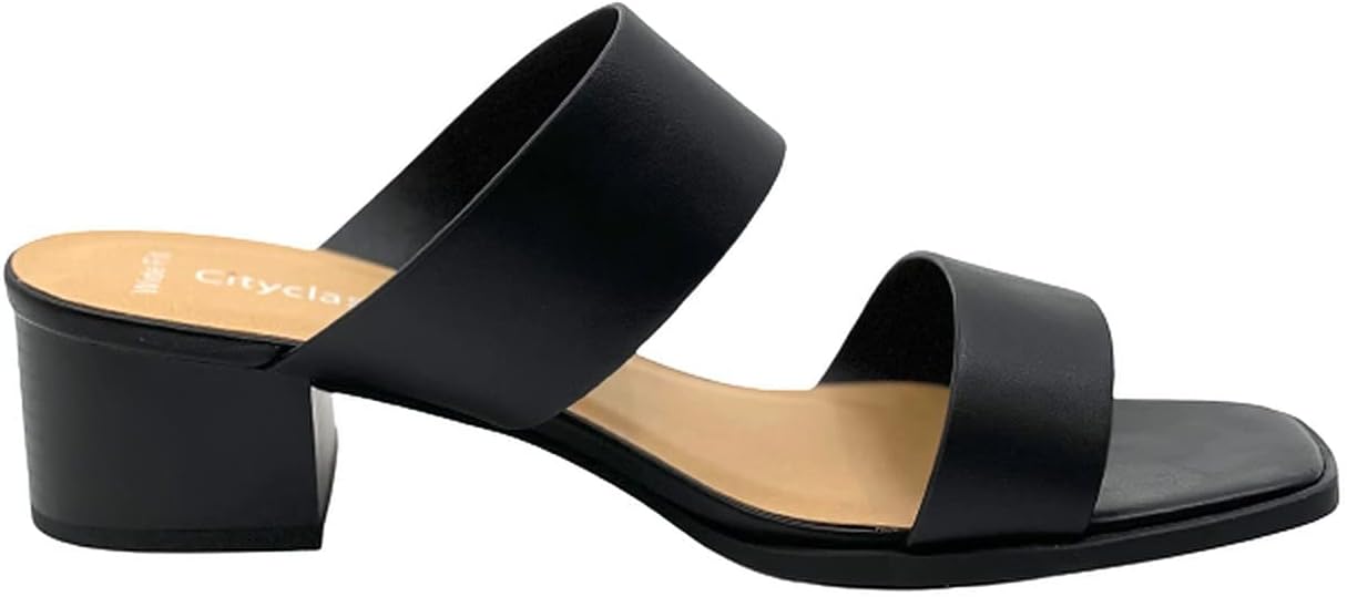 City Classified Women's Block Heel Dual Straps Slide Sandals Glory BLACK 10