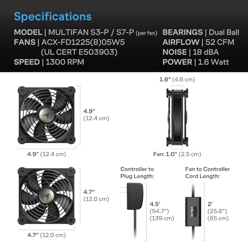 Image of AC Infinity MULTIFAN S7-P, Quiet Dual 120mm AC-Powered Fan. | With Speed Control, UL-Certified, for Receiver, DVR, PlayStation, Xbox, Component Cooling
