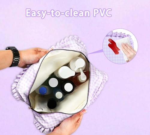 Gingham Ruffle Makeup Bag,Large Travel Cute Cosmetic Bag for Women Girls,Ruffle Pouch Toiletry Bag Make up Organizer (Purple)4