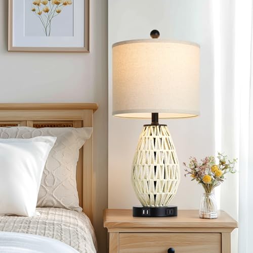 CINSARY Touch Control Rattan Table Lamps, 3 Way Dimmable Bedside Lamps for Bedroom Set of 2 with 2 USB Ports and AC Outlet, Wicker Nightstand Lamps for Living Room (LED Bulbs Included), White — view 6