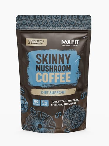 MAX FIT Skinny Instant Mushroom Coffee Organic (60 Servings) Mental Focus Plus Diet Support - Turkey Tail, Maitake, Shiitake & Turmeric, Mixed With Gourmet 100% Arabica Medium Roast Instan