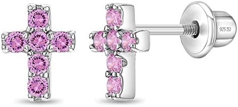 925 Sterling Silver Petite Cross Shaped Pink Cubic Zirconia Stud Earrings with Safety Screw Back Perfect for Toddlers, Young girls, Pre-Teens & Teens