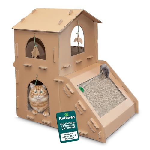 FurHaven Townhouse Multi-Level Cardboard Cat House for Indoor Cats with Catnip & Toys Double-Walled Corrugated Scratcher Designed for Lounging Play & Comfort One Size Cardboard Brown
