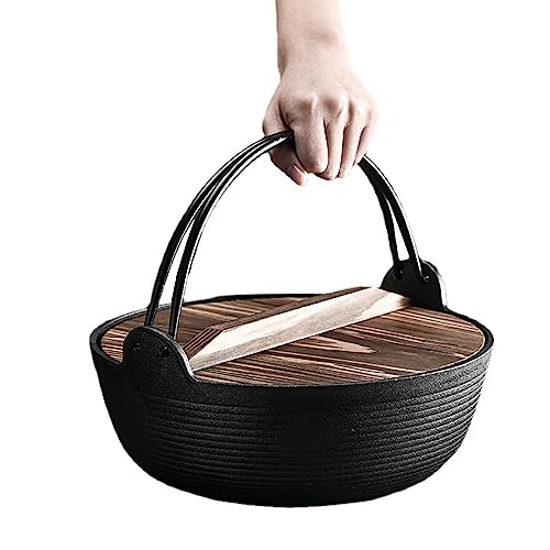 3 Sizes Style Sukiyaki Pot Cast Iron Shabu Shabu Hot Pot, Sukiyaki with Wooden Lid and Handle for Noodle, Ramen, Soup, 27cm,20cm