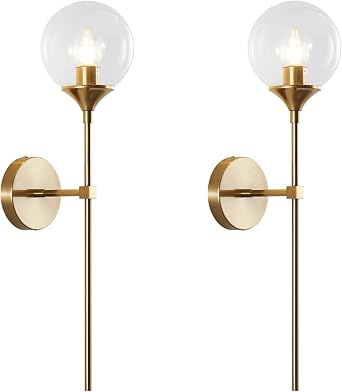 BOKT Clear Bubble Glass Globe Wall Mounted Sconce Light Set of 2 Modern Brass Gold Long Pole Wall Sconce Lighting Set of Two Mid Century Vintage Bathroom Mirror Wall Lamp Clear