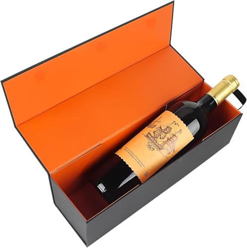 Caja de regalo para botellas de vino, 33 x 9,5 x 9,5 cm, negro, con asa para licores y champán, caja de regalo plegable con cierre magnético para fiestas, naranja