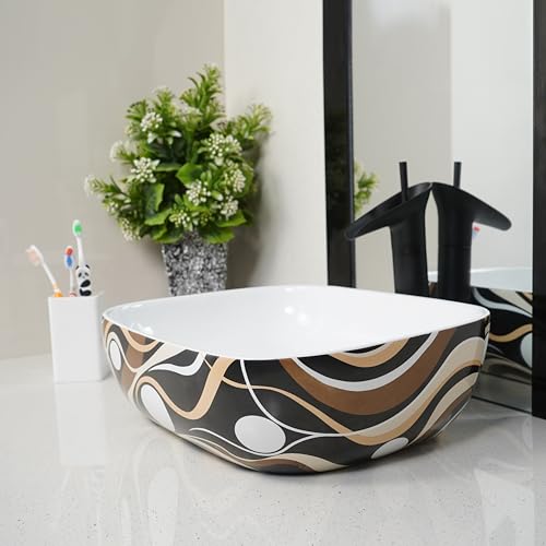 Image of LUXART Ceramic Table Top Vessel Sink | 13 x 18 x 5 IN Wash Basin Over Counter Top Wash Basin | Brown Wave Tabletop Bathroom Kitchen Sink For Bathroom & Living Room