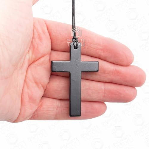 Shungite Cross - Necklace Made of Rare Authentic Black Russian Stone - Handmade - TOLVU2