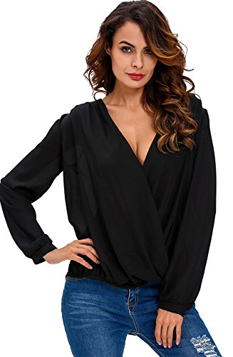 T-shirt noir en mousseline Yali avec col en V et manches longues coupe asymétrique taille M