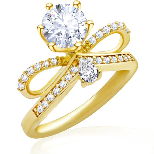 14K Yellow Gold Plated Bow Engagement Ring Promise Ring Wedding Ring Band for Women AAAAA+ Cubic Zirconia Bow Ring Eternity Bands Size 6-9