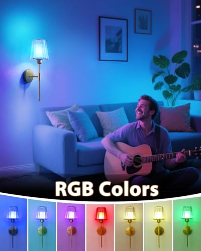 Image of Adetu 19.3 Inch Crystal Battery Operated Wall Sconces Set of 2 | 10000mAh Magnetic Bulbs, 5%-100% Dimmable, RGB Rechargeable Battery Wall Sconce with Remote Control for Bedroom Decor