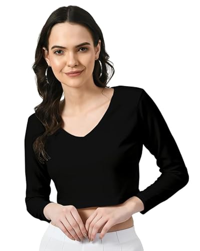 Dream Beauty Fashion Polyester Women's V-Neck Full Sleeve Slim Fit Crop Top (T/-Baati Black-S)