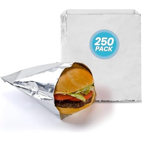C&S Event Supply Co. Aluminum Foil Hamburger Sleeves - Water and Grease Resistance Sandwich Bags - BPA Free Burger Wrappers for Panini's, Pita Pockets, and Hot Sandwich (250, Silver) Cover