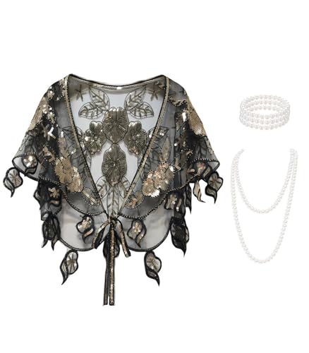 Châle années 1920 femme avec écharpe paillettes et bijoux de fête