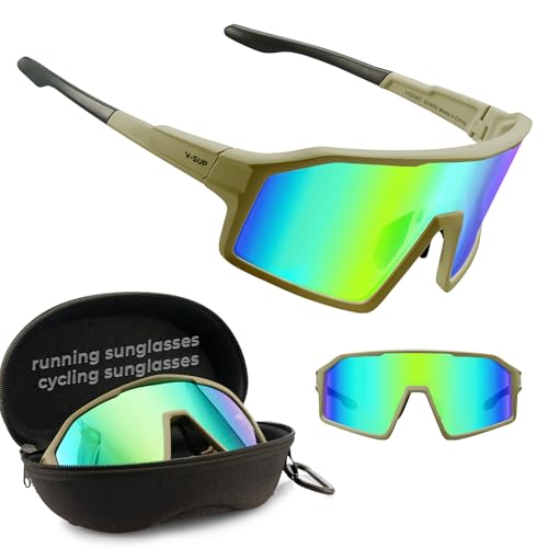 V-SUP Outdoor Lightweight Sport Sunglasses - UV400 Protection for Cycling, Baseball, Running, Hiking, Golf, MTB, Pickleball for Men & Women (Green Frame Black Temple/Revo Green Lens)