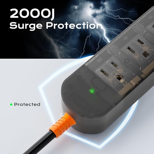 EIGSO Crystal Clear Power Strip, IPX6 Grade Waterproof Surge Protector with 3 AC Outlets, 5FT Heavy Duty Extension Cord for Indoor Outdoor, Crystal Black