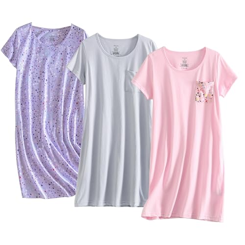 PNAEONG 3 Pack Women's Cotton Nightgown Sleepwear Short Sleeves Shirt Casual Print Sleepdress