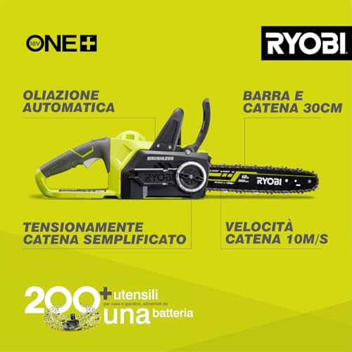 Ryobi OCS1830 Elettrosega Brushless A Batteria 18V One+, Impugnatura Ergonomica, Freno Catena Automatico, Batteria Non Inclusa, Barra 30 Cm, Velocità Catena 10M/S - 2