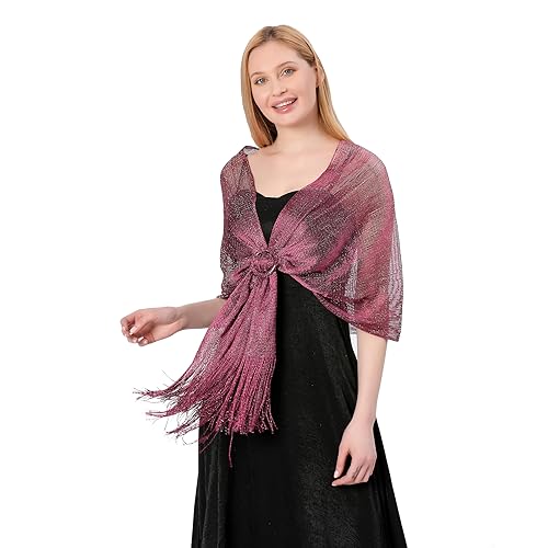 Image of Stoles for Evening Dress with Buckle, Fringes - Polyester Blend, Shimmer Stole Wraps for Weddings, Party | Women's Clothing