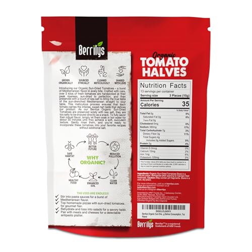 Image of Berrilys Organic Sun-Dried Tomatoes, Salted, No Sulfur, No preservatives, Kosher, Raw, Non-GMO, Requires Pre-treatment or Cooking Before Consumption, 7oz (Pack of 2)