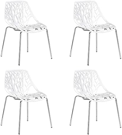 CangLong Modern Mid Century Plastic Shell Hollow Matal Legs Dining Chairs, 4 PCs Pack-Light, White 1