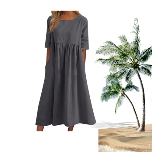 Women's Casual Basic Outdoor Crew Neck Pocket Smocked Cotton Dress Boho Dress Cotton Midi for Women (E,3X-Large)