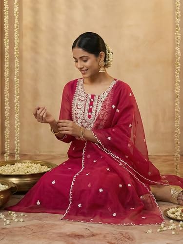 Image of INDO ERA Women's Silk Blend Floral Embroidered Thread Work Straight Kurta & Pant with Dupatta Set | Kurti Set