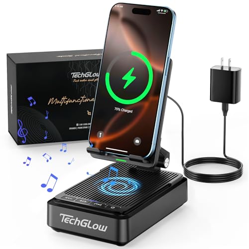 Gifts for Men Women-TechGlow Bluetooth Speaker with Phone Stand and Wireless Charger Compatible with iPhone 16 15 14 13 Pro XS 8 Plus Samsung Galaxy S25 S24 S23 Note 20 Birthday Gift Idea for Mom Dad