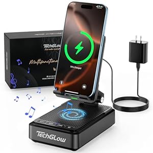 Gifts for Men Women-TechGlow Bluetooth Speaker with Phone Stand and Wireless Charger Compatible with iPhone 16 15 14 13 Pro XS 8 Plus Samsung Galaxy S25 S24 S23 Note 20 Birthday Gift Idea for Mom Dad