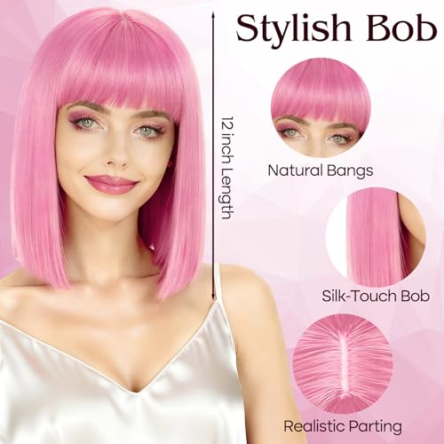 Image of PLULON Pink Bob Wig with Bangs, Short Straight Bob Wig with Heart Sunglasses 12 Inch Shoulder Length Heat Resistant Synthetic Hair Cap for Women Natural Look Daily Use Cosplay Halloween Costume Party