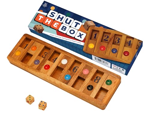 BSIRI Classic Shut The Box Game Wooden 12 Numbers with Math Lover Player Wood Box of Brain Teaser Puzzles Single Player Original Wood Dice and Close flip Number Board Games Adults Travel Mini Size