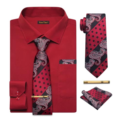 YourTies Red Dress Shirt and Tie Set for Men Button Down Shirts Matching Tie Long Sleeve Classic Casual Formal Wedding Party
