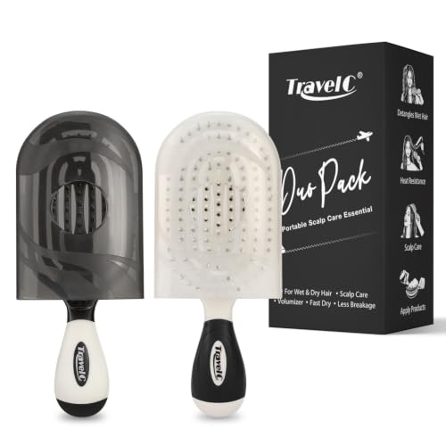 NuWay® TravelC® Scalp Care Hair Brush Combo Set with Patented Travel Cases – 2-Pack Vented Travel Brushes for Scalp Massage, Blow-Dry Styling, Wet & Dry Hair, All Hair Types (Black & White)