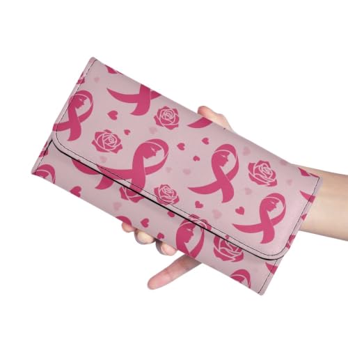 Image of AFPANQZ Womens Wallets Leather Trifold Multi Card Holder Slots Wallet | Pink Ribbon Rose Print Elegant Clutch Phone Holder Trifold Purses Zip Coins Pocket, Buckle Closure Clutch