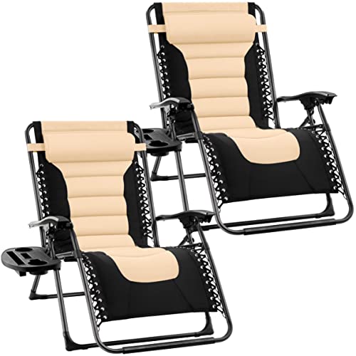 groundlevel Super Extra Wide Luxury Garden Zero Gravity Chair with padded seat - Cream (2 Pack)