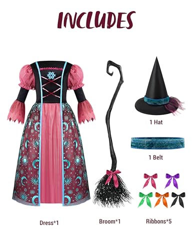 Disfraz de bruja para niñas con escoba, Halloween miniatura 3