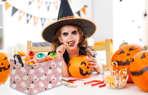 Image of Rectangular Kids Basket,Halloween Basket.Cute Baskets for Girls, Pink Baskets with Handles.Books Bins,Gifts Box. (Pink Halloween)