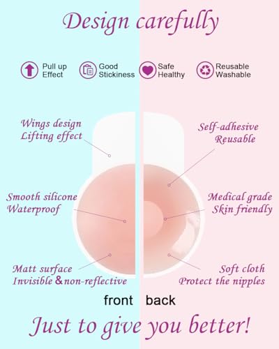 MSLO Lifting Nipple Covers Breast Petals Reusable Adhesive Invisible Bra Silicone Sticky Pasties Lift Wing for Women (4.0 inch, Pinkish, 2)