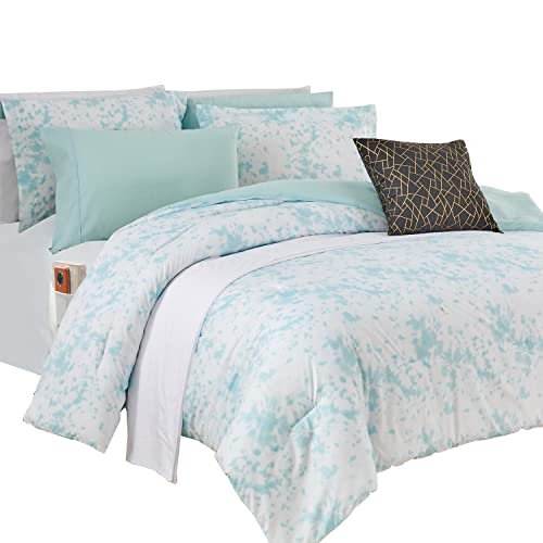 Image of Elegant Comfort Reversible 10-Piece Comforter Set, Tie-Dye Print, Decorative Pillow and Fitted Sheet with Smart Pockets, Soft, Plush, Lightweight Material, 10pc Tie-Dye Set, Cali King, Aqua Mint