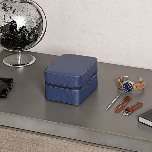 Rothwell 5 Watch Travel Case Storage Organizer For 5 Watches | Tough Portable Protection W/Zipper Fits All Wristwatches & Smart Watches Up To 50Mm (Blue/Tan) #TOP1