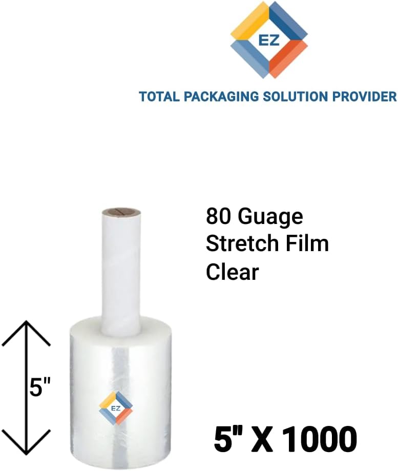 5" x 1000ft x 80 Gauge Thick (20 Micron) Clear Cast Pallet Mini Stretch Wrap Film Pack of 6 Rolls, 1000' Per Roll, Total 6000' (6 Rolls) (6)