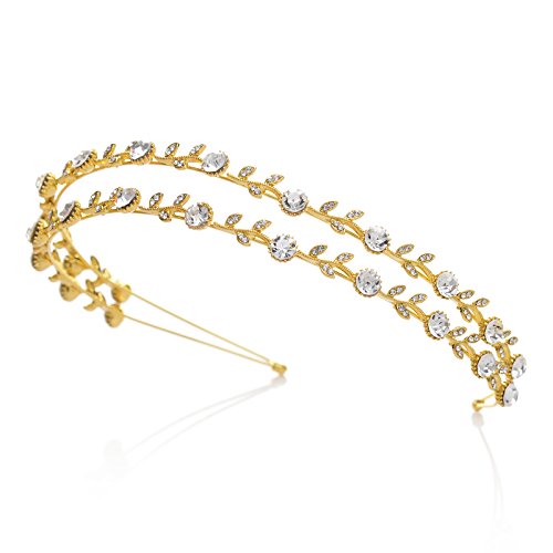 SWEETV Bridal Headband Tiara Crystal Hair Band Rhinestone Wedding Headpiece Hair Accessories for Women, Double Band Gold